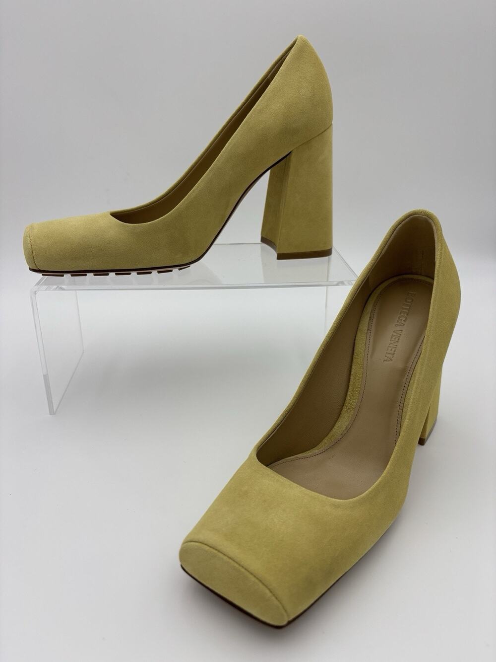 Bottega Veneta Tower Square Toe Suede Pumps Heels Yellow Size 38 / 8